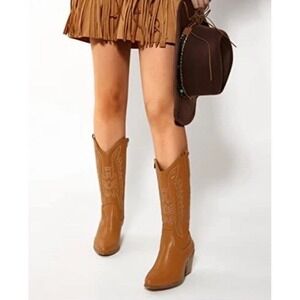 TINSTREE Embroidered Cowgirl Mid Calf Knee High Western Riding Boots Women's 10